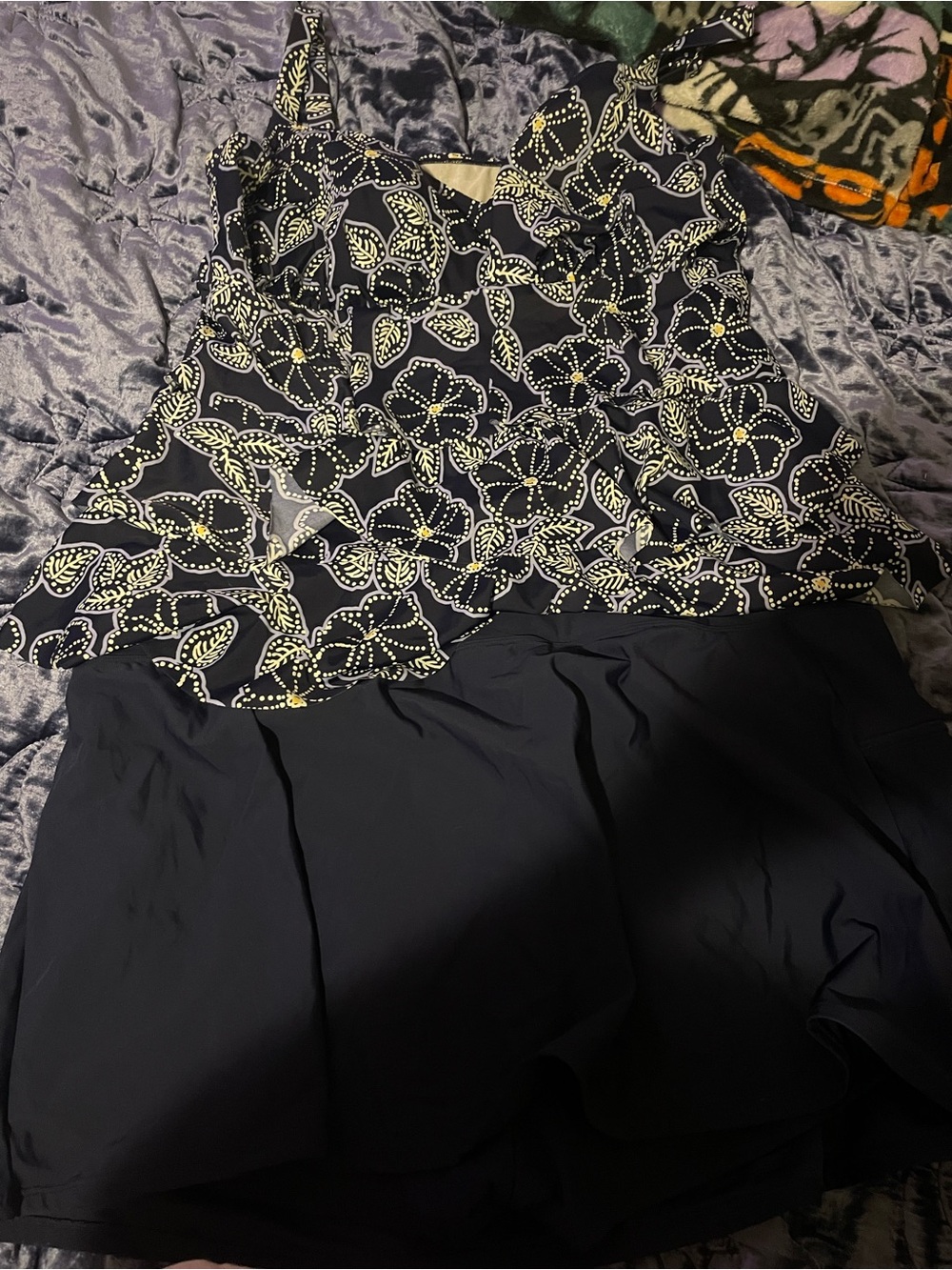 Navy Floral Peplum Tank with Solid Skirt